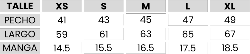 tabla de talle remera de dama